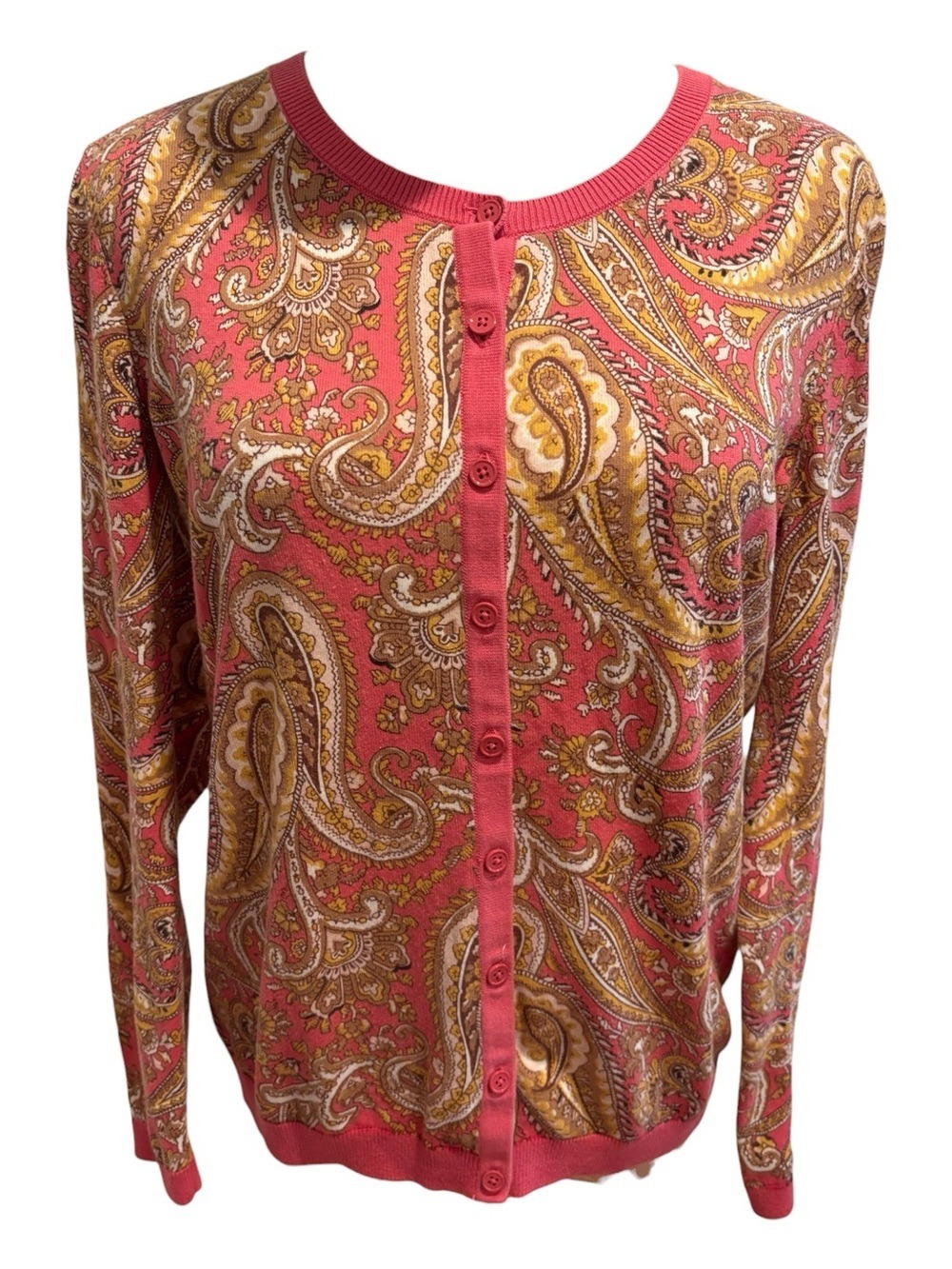 Y2K TALBOTS CORAL & TAN PAISLEY PRINT LAGENLOOK BOHO BUTTON-FRONT CARDIGAN SZ M - Picture 3 of 8